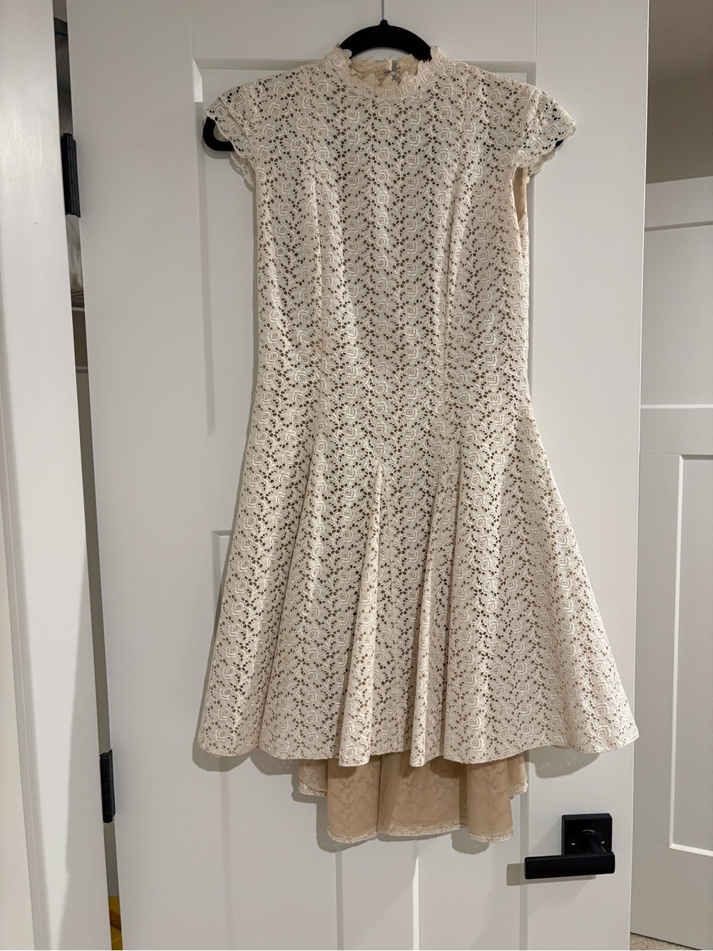 Rime Arodaky Cream Lace Midi Fit-and-Flare Dress with High Neck
